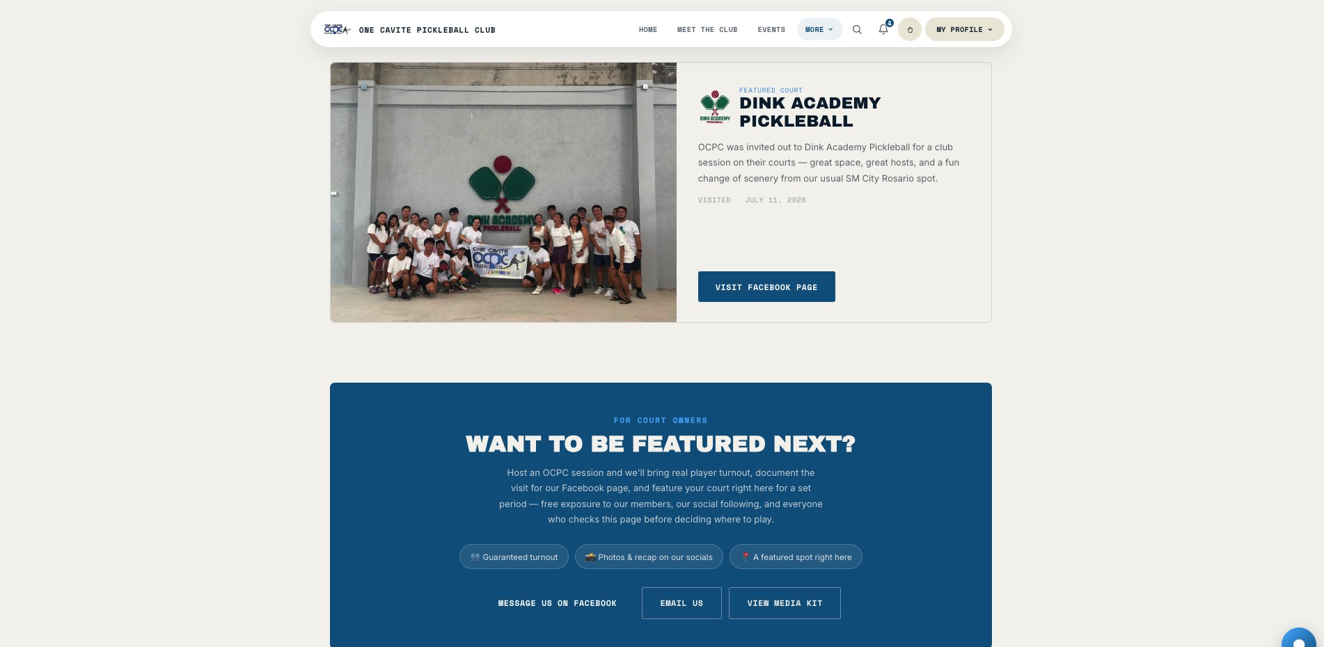 OCPC Featured Courts page with court owner partnership pitch